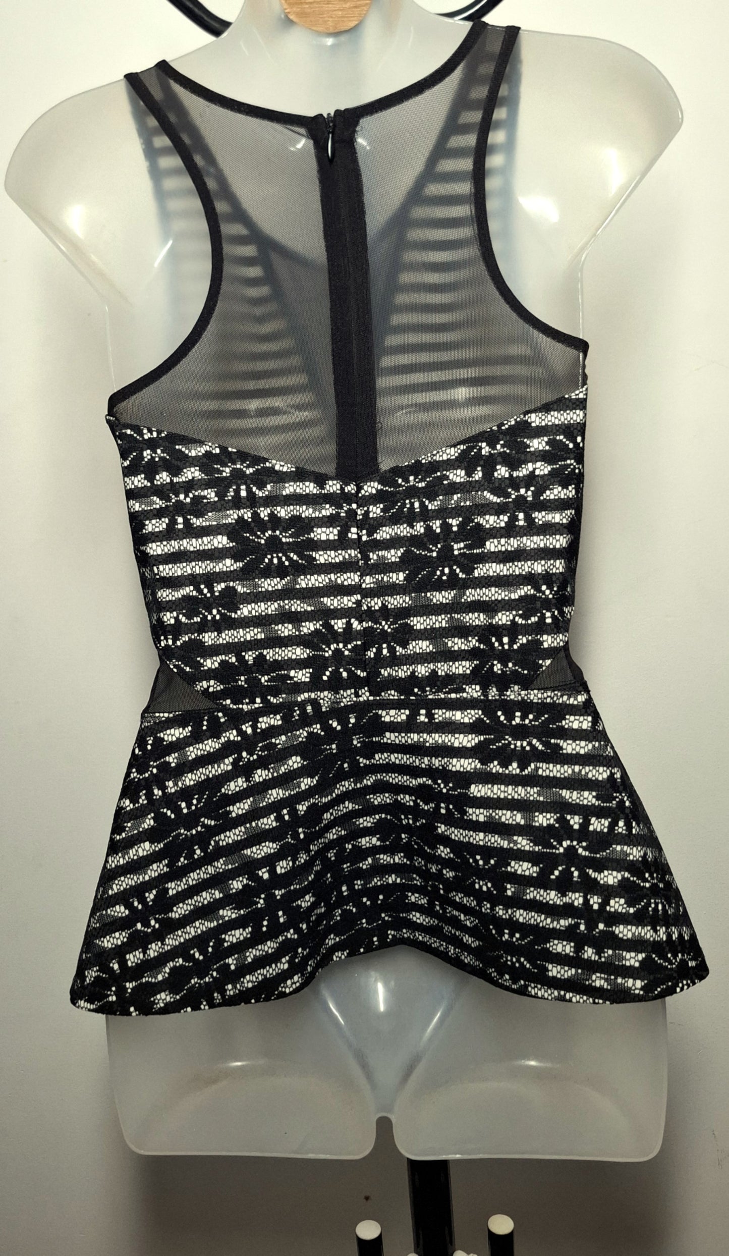 Size 10 - Black & White Lace Mesh Peplum Top