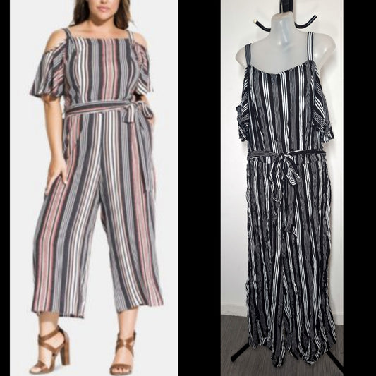 City Chic XS - Black & White Striped Cold Shoulder Jumpsuit With Tie