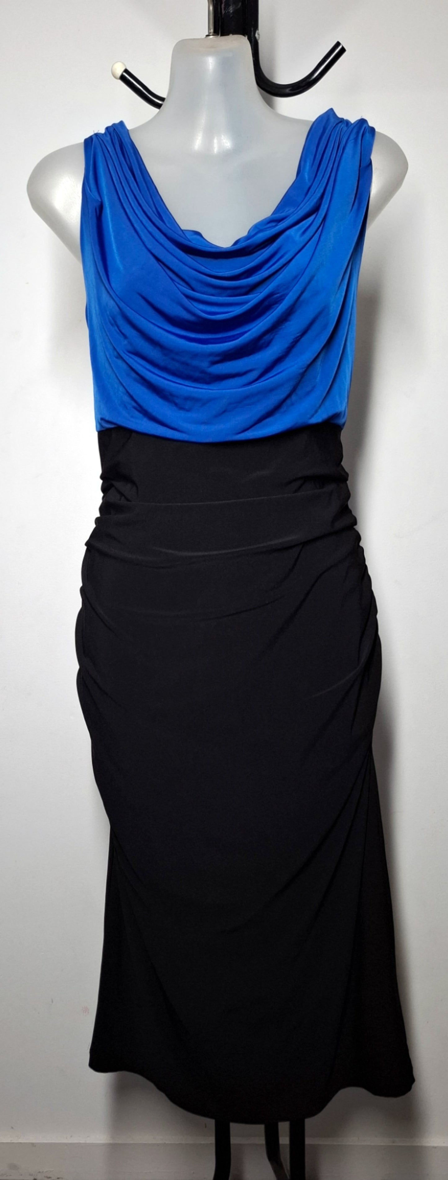 Size 14 - Black & Blue Stretchy Slinky Ruched Cowl Neck Strappy Back Dress