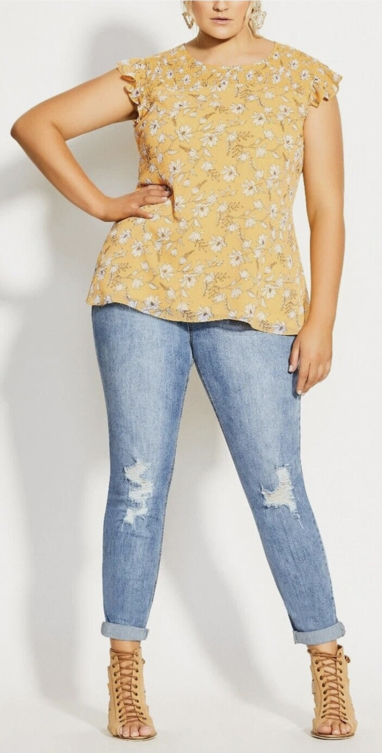 City Chic Medium - Shirred Yellow Floral Top