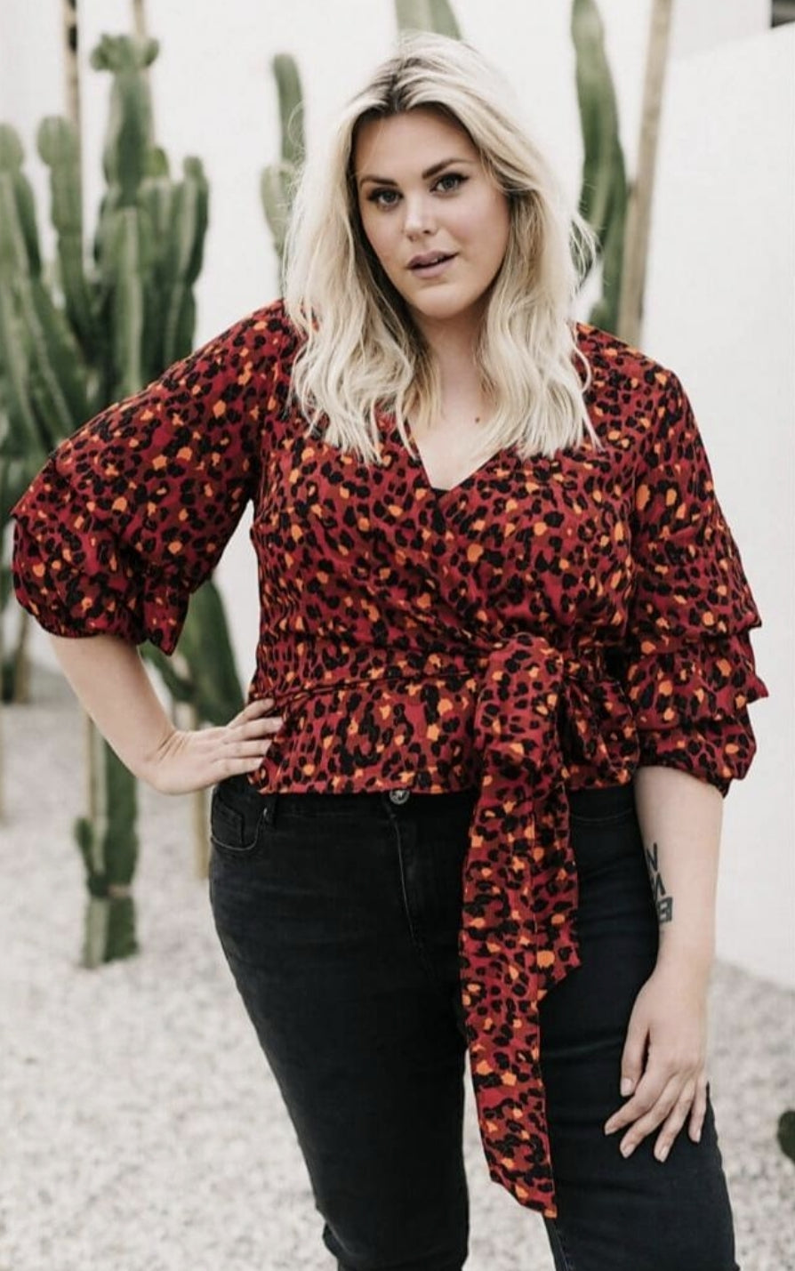 City Chic XS - Leopard Print Ruffle Sleeve Wrap Top