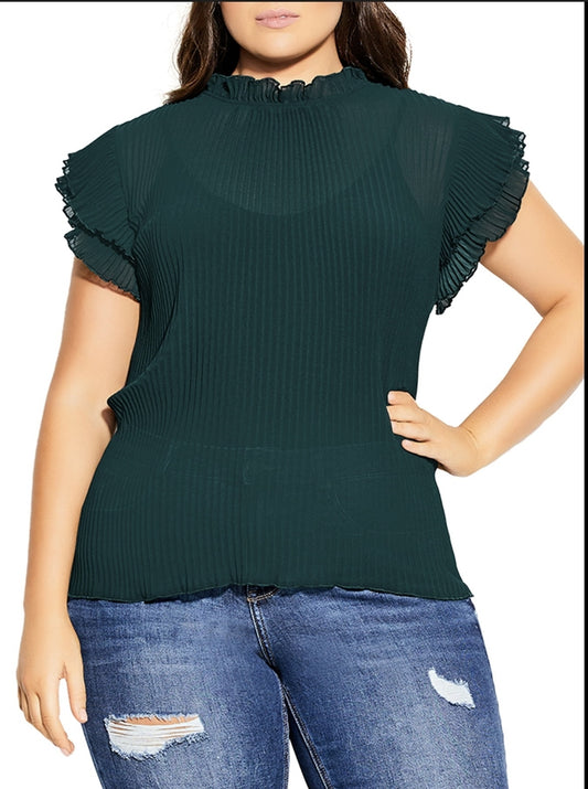 City Chic Medium - Green Pleated Sheer Frill Sleeve Top