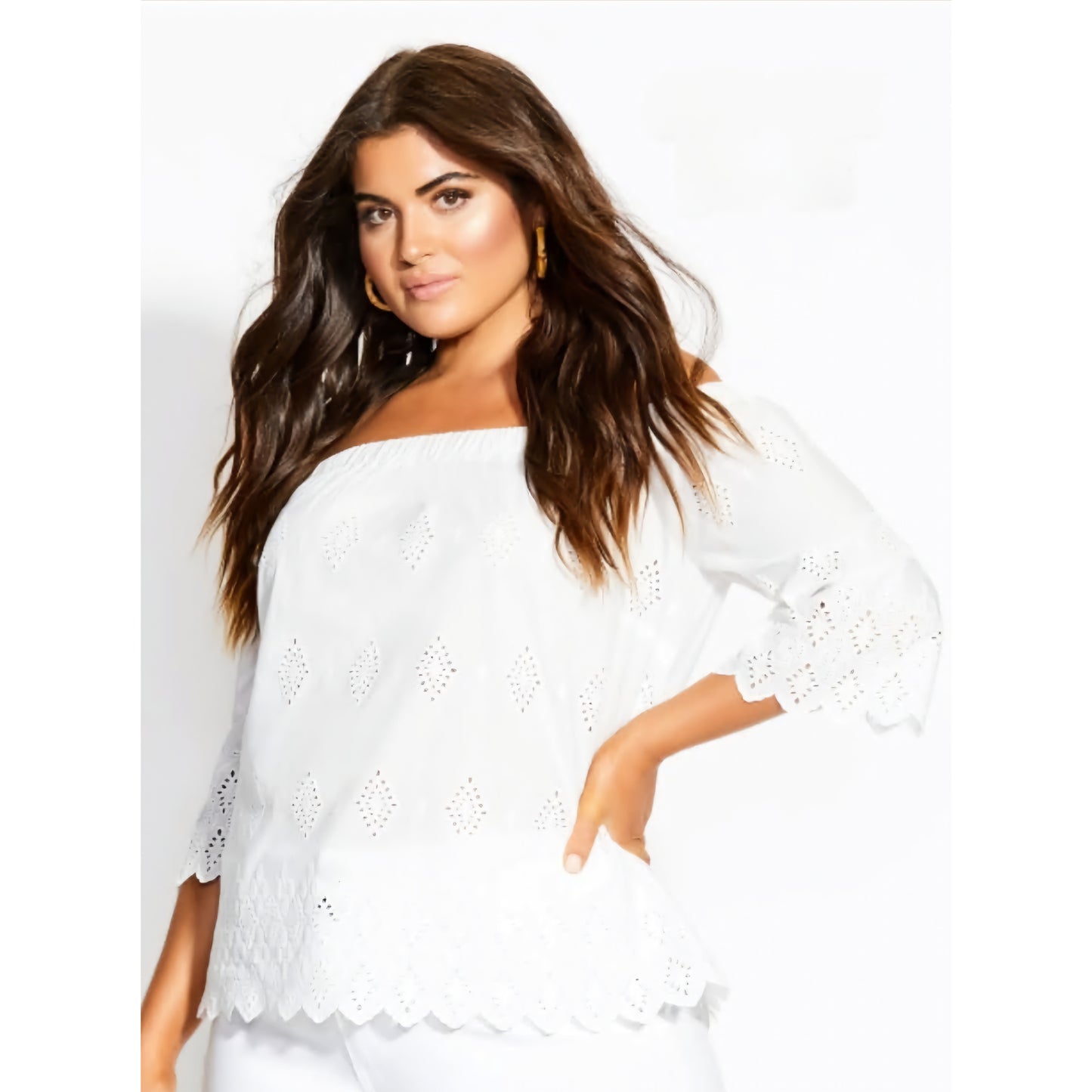 City Chic Medium - White Off Shoulder Top With Sleeves