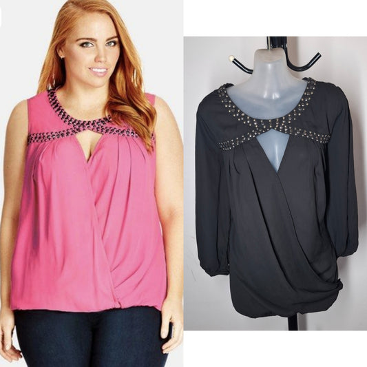 City Chic XS - BLACK Studded Peekaboo Top