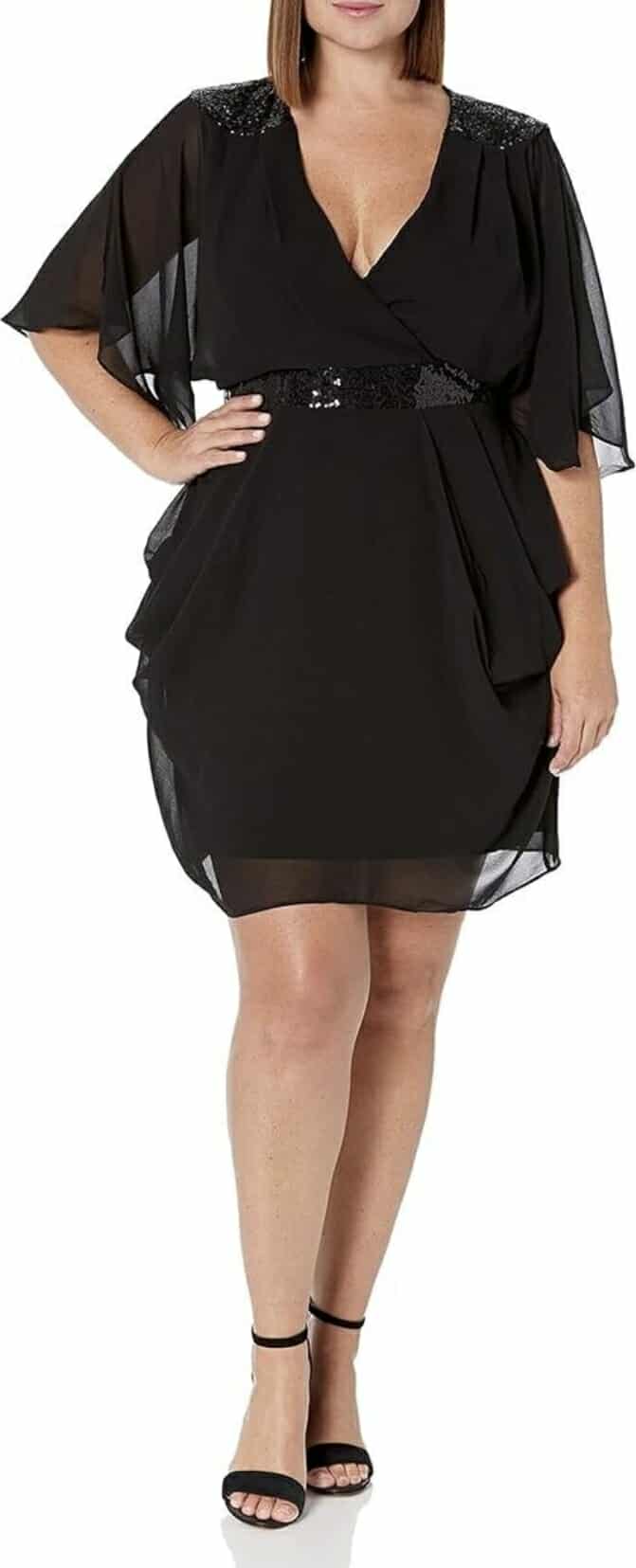 City Chic Small - Black Sequin Chiffon Faux Wrap Dress With Sleeves
