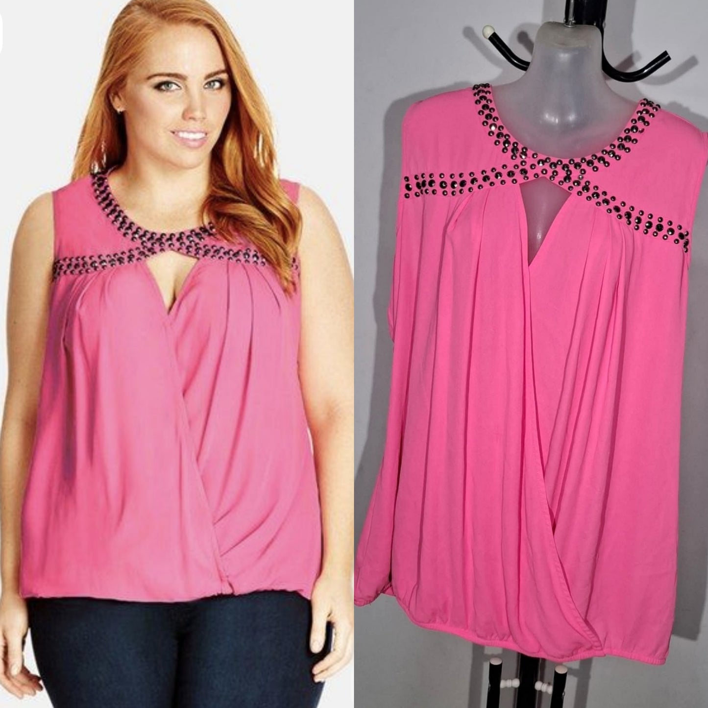 City Chic Medium - Hot Pink Studded Keyhole Faux Wrap Top