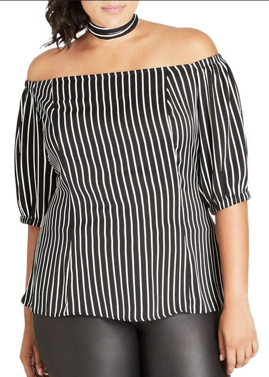 City Chic Medium - Black & White Striped Off Shoulder Top With Sleeves