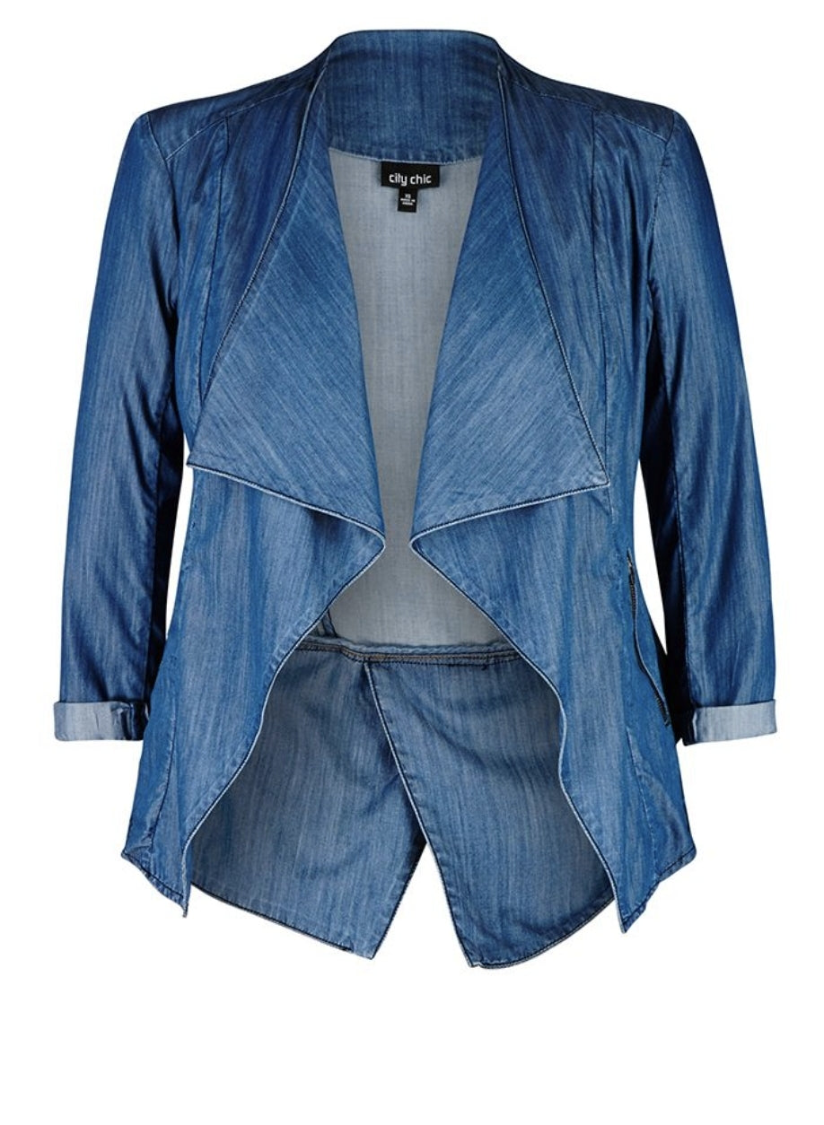 City Chic Large - Cotton 'Denim Look' Drapey Jacket With Functional Zip Pockets