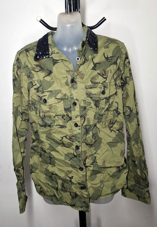 Size 12 - Sequin Collared Camo Button Up Jacket Top With Pockets