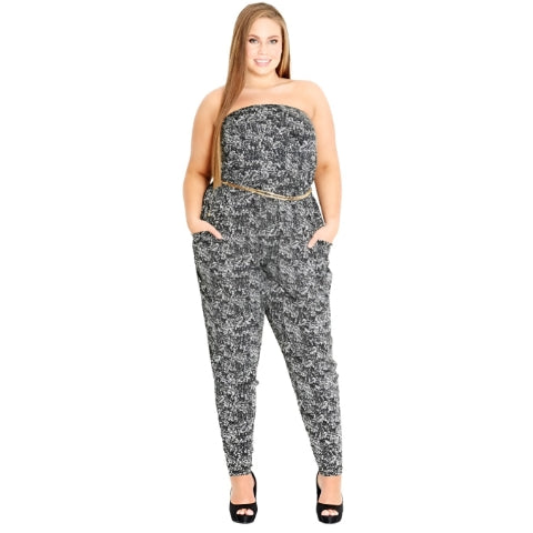 City Chic Medium - Stretchy Black And White Strapless Jumpsuit With Pockets - No Belt