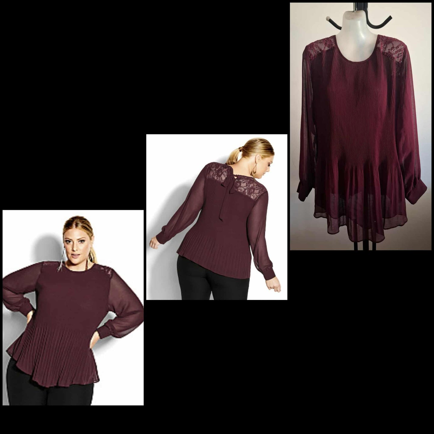 City Chic Medium - Pleated Lace Top With Sheer Sleeves