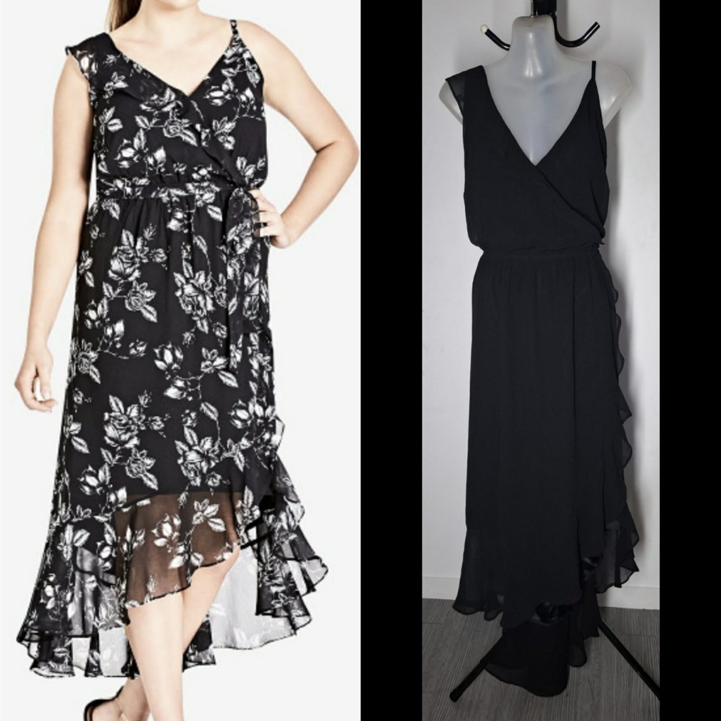 City Chic Medium - BLACK Frill Faux Wrap Dress