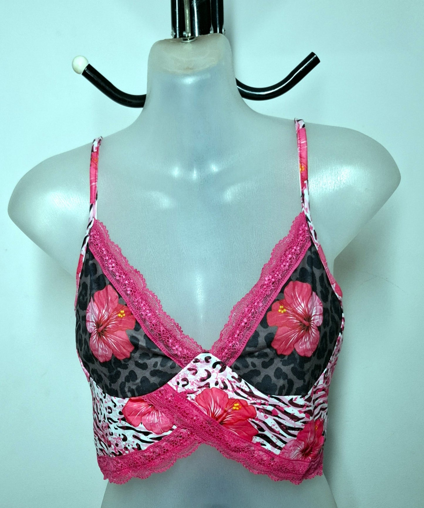 Size 10 - Stretchy Pink Lace Animal Print Crop Top