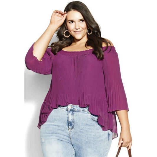 City Chic Medium - Pleated Off Shoulder Top With Sleeves