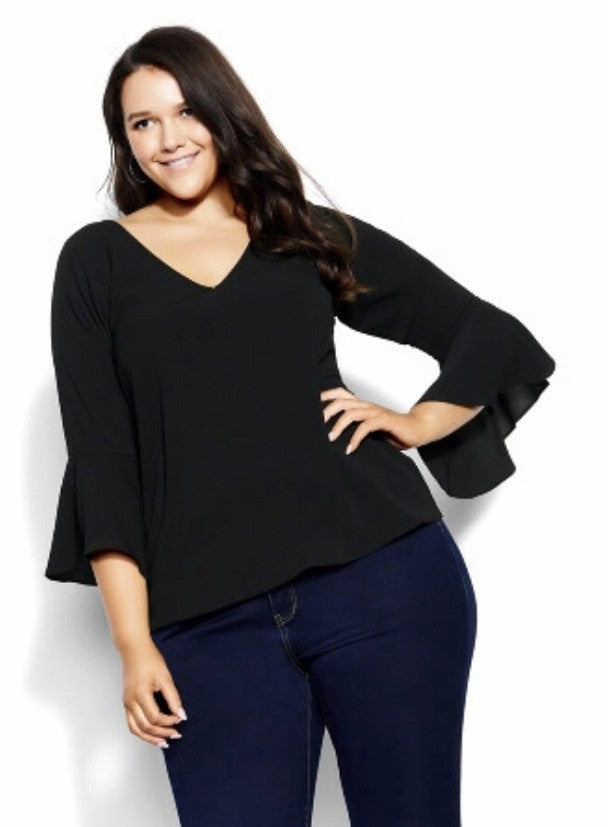City Chic XL - Black Bell Sleeve Top