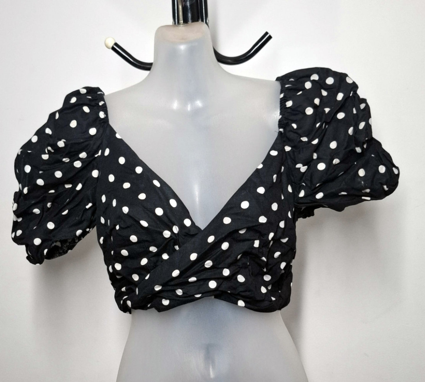Size 10 - Black & White Polka Dot Faux Wrap Cropped Top