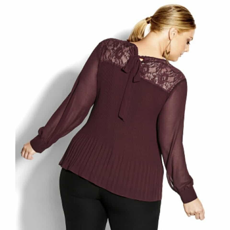 City Chic Medium - Pleated Lace Top With Sheer Sleeves