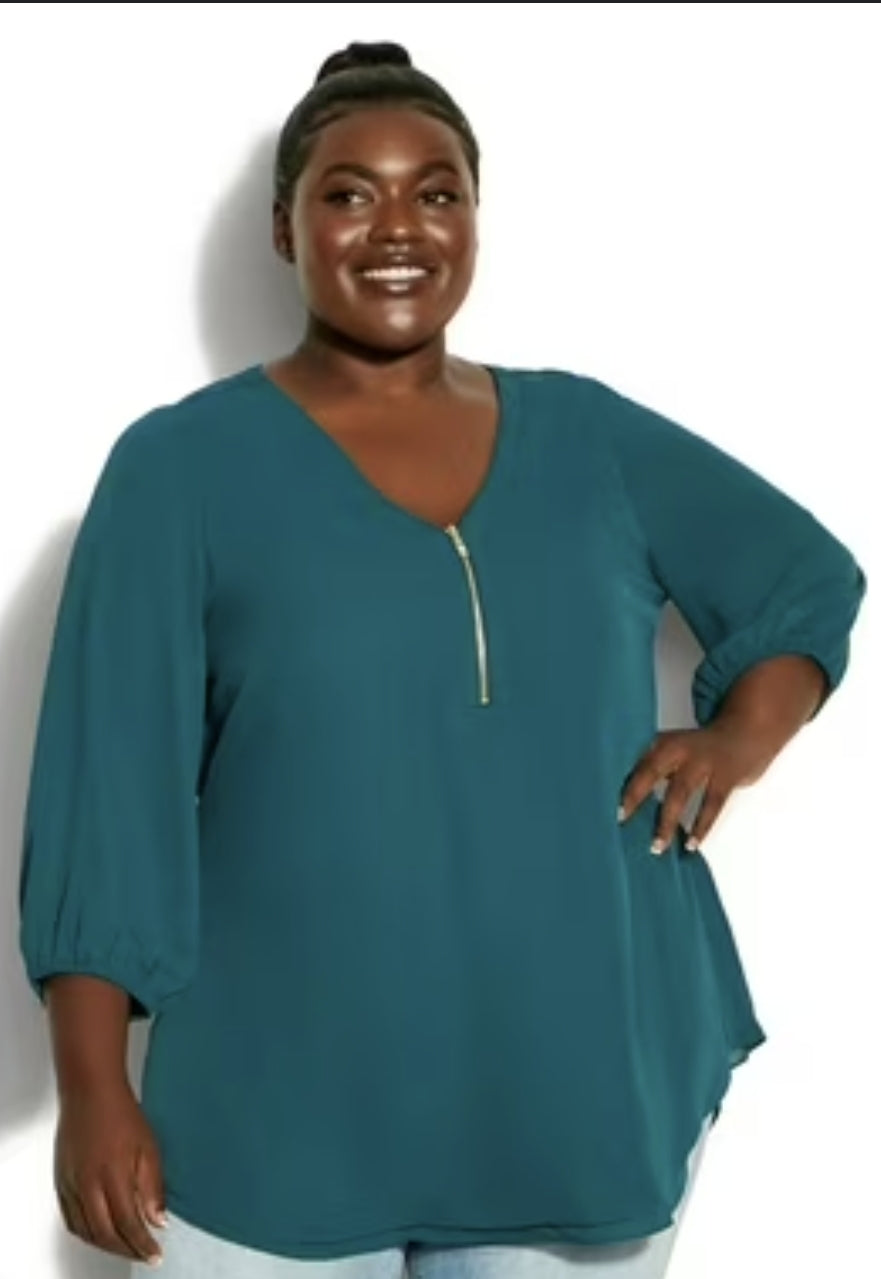 City Chic XL - Teal Lightweight Zip Top With Sleeves