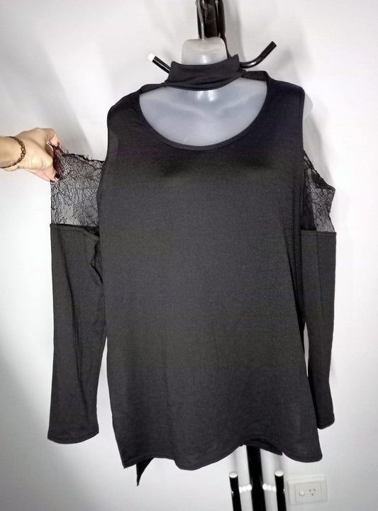 Size 18 - Black Choker Lace Long Sleeve Cold Shoulder Top - Brand New With Tags