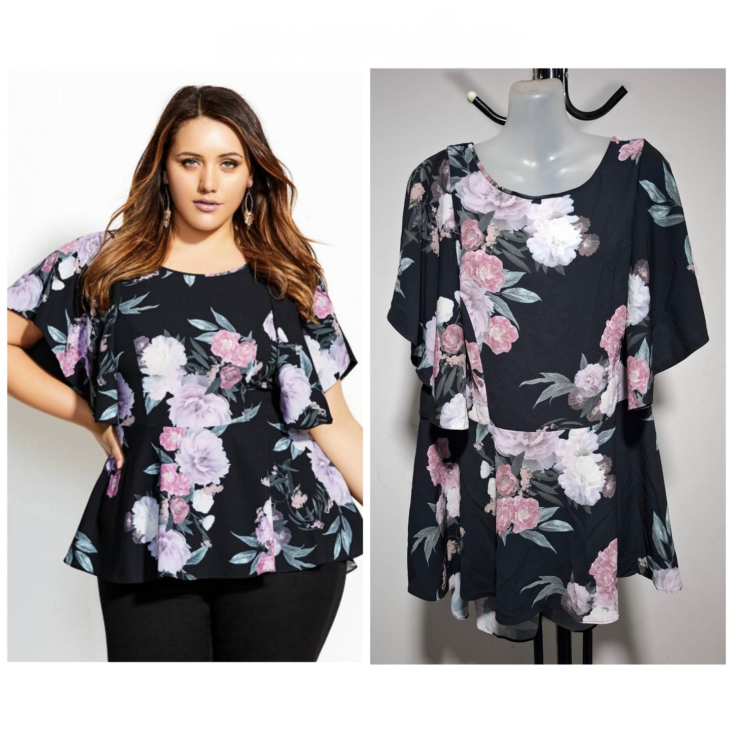 City Chic XL - Black Floral Peplum Top