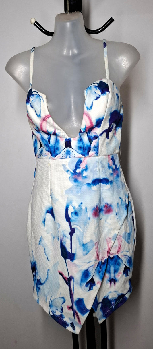 Size 8 - Showpo White Floral Asymetrical Deep V Dress