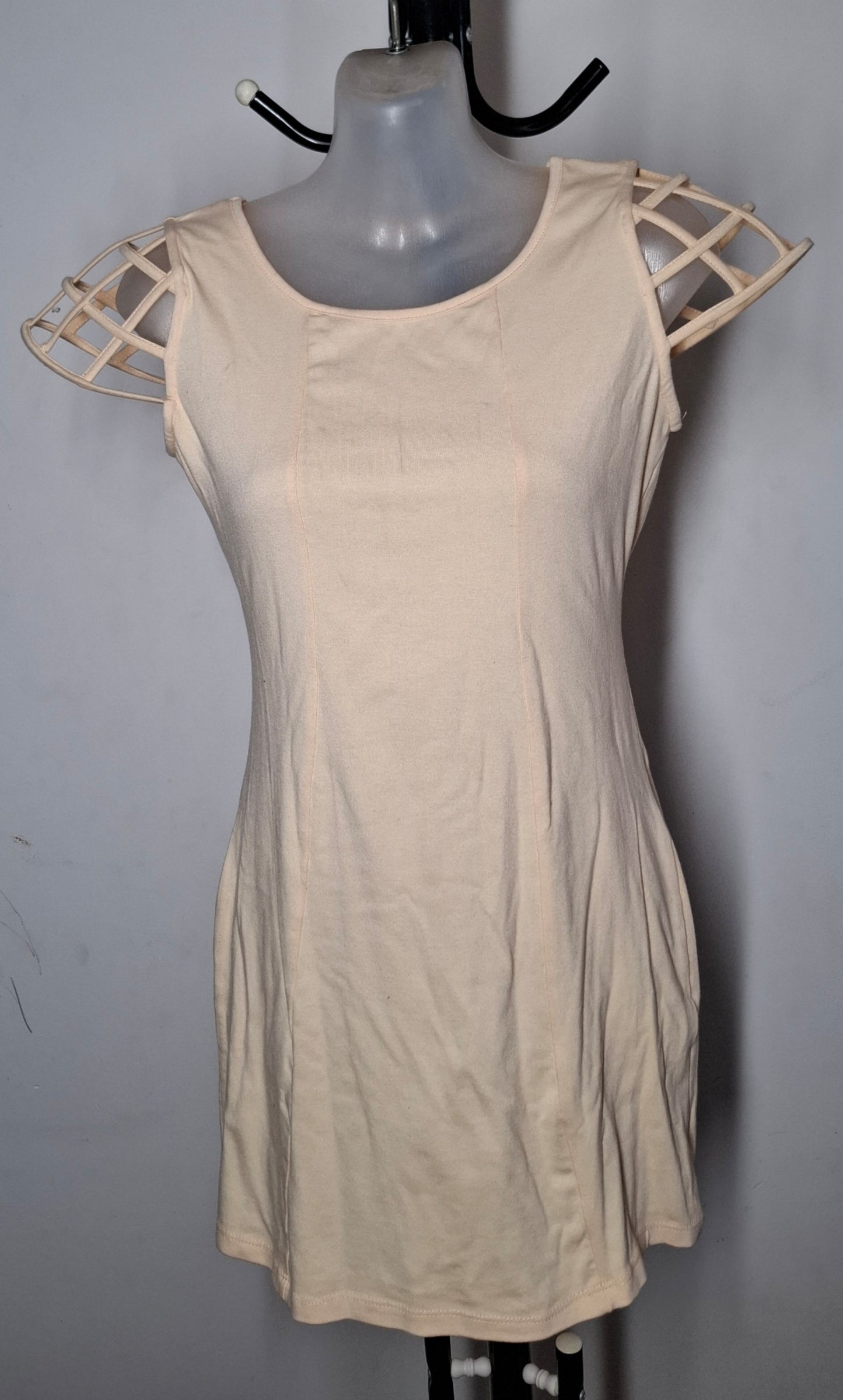 Size 8 - Stretchy Beige Cage Shoulder Dress