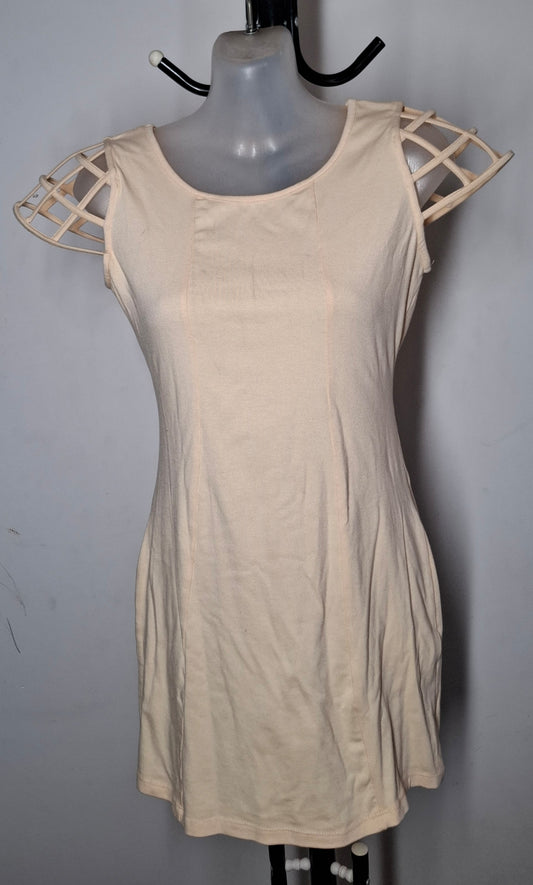 Size 8 - Stretchy Beige Cage Shoulder Dress