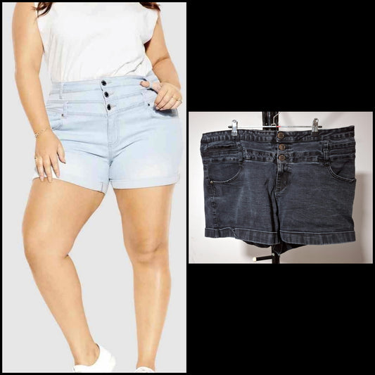 City Chic Large (20) - Stretchy High Rise Denim Shorts - DARK DENIM