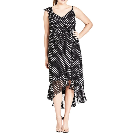 City Chic Large - Black Spotted Chiffon Faux Wrap Dress With Tie