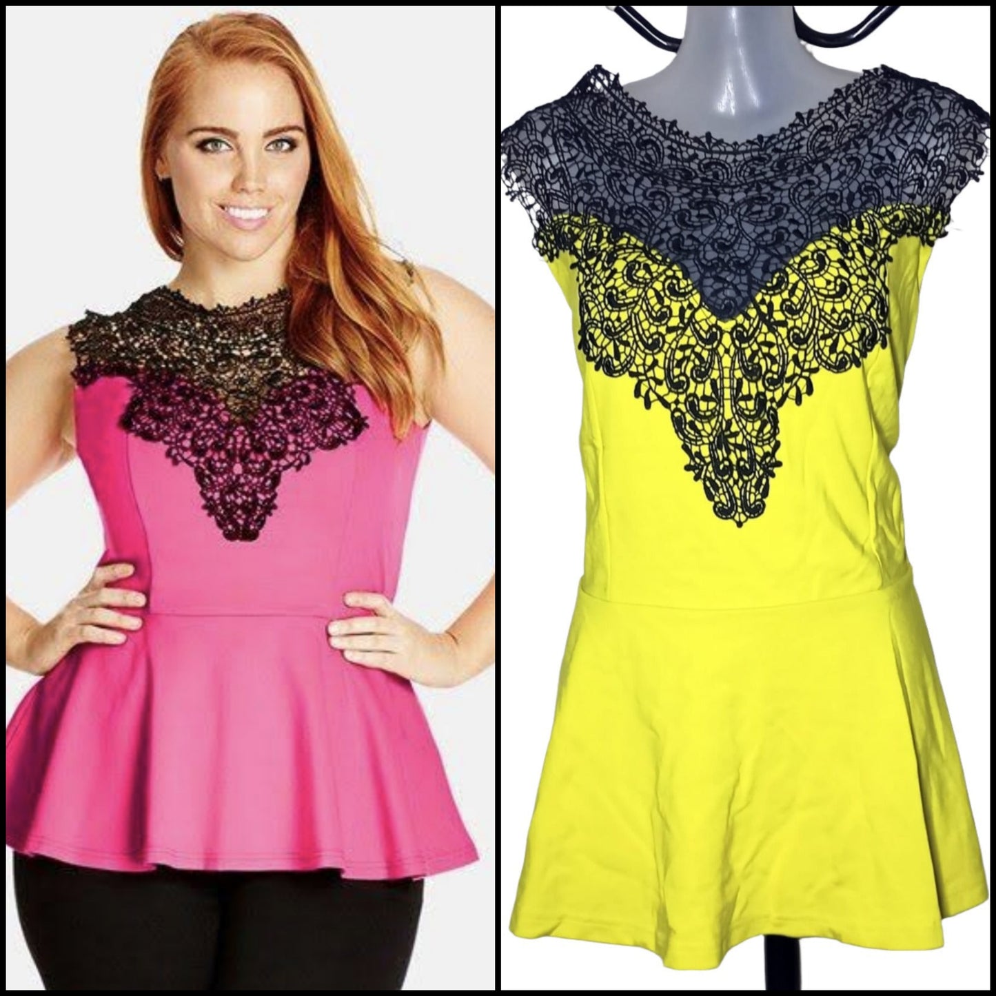 City Chic Medium - Yellow With Black lace Peplum Top