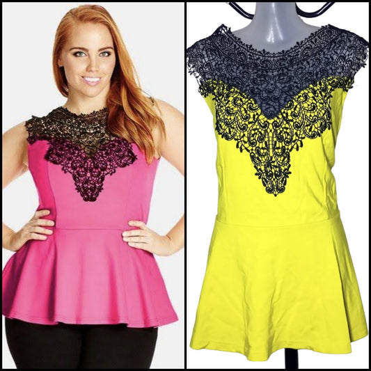 City Chic Medium - Yellow With Black lace Peplum Top