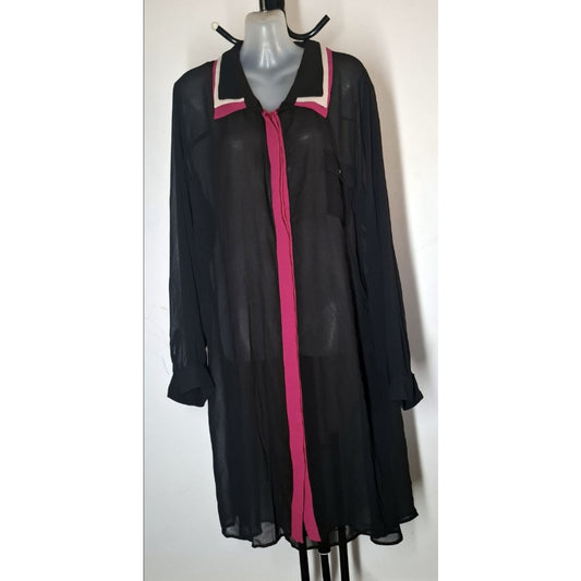 City Chic Large - Black & Pink Sheer Button Up Longline Top With Sleeves