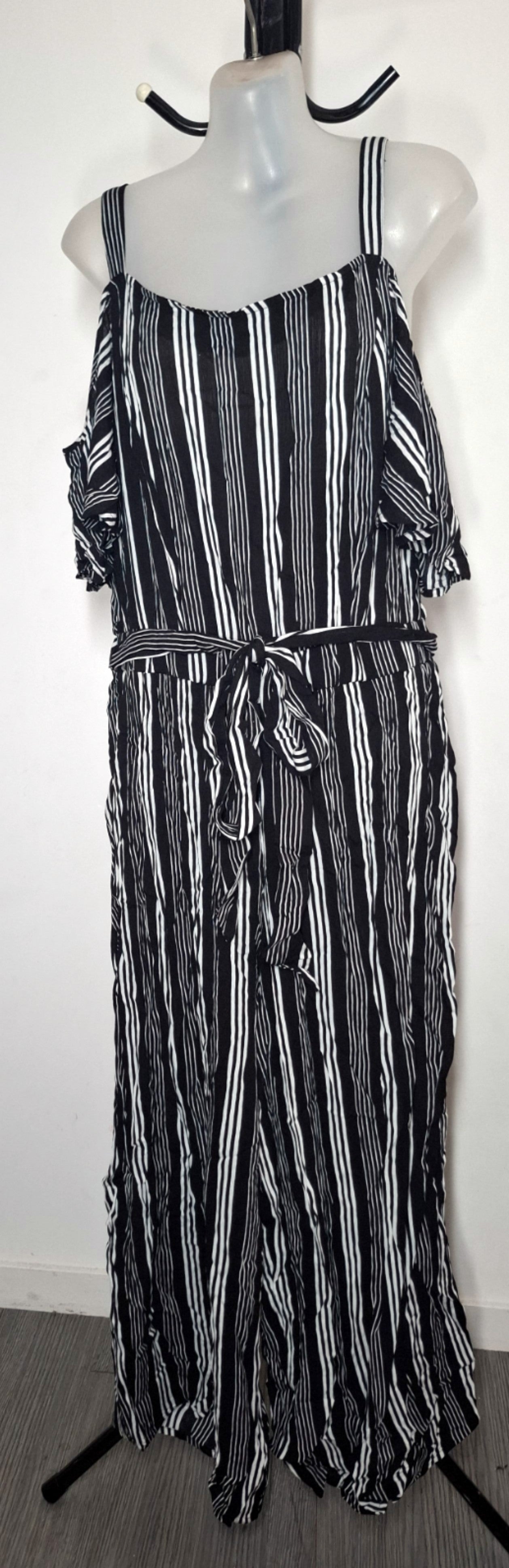 City Chic XS - Black & White Striped Cold Shoulder Jumpsuit With Tie