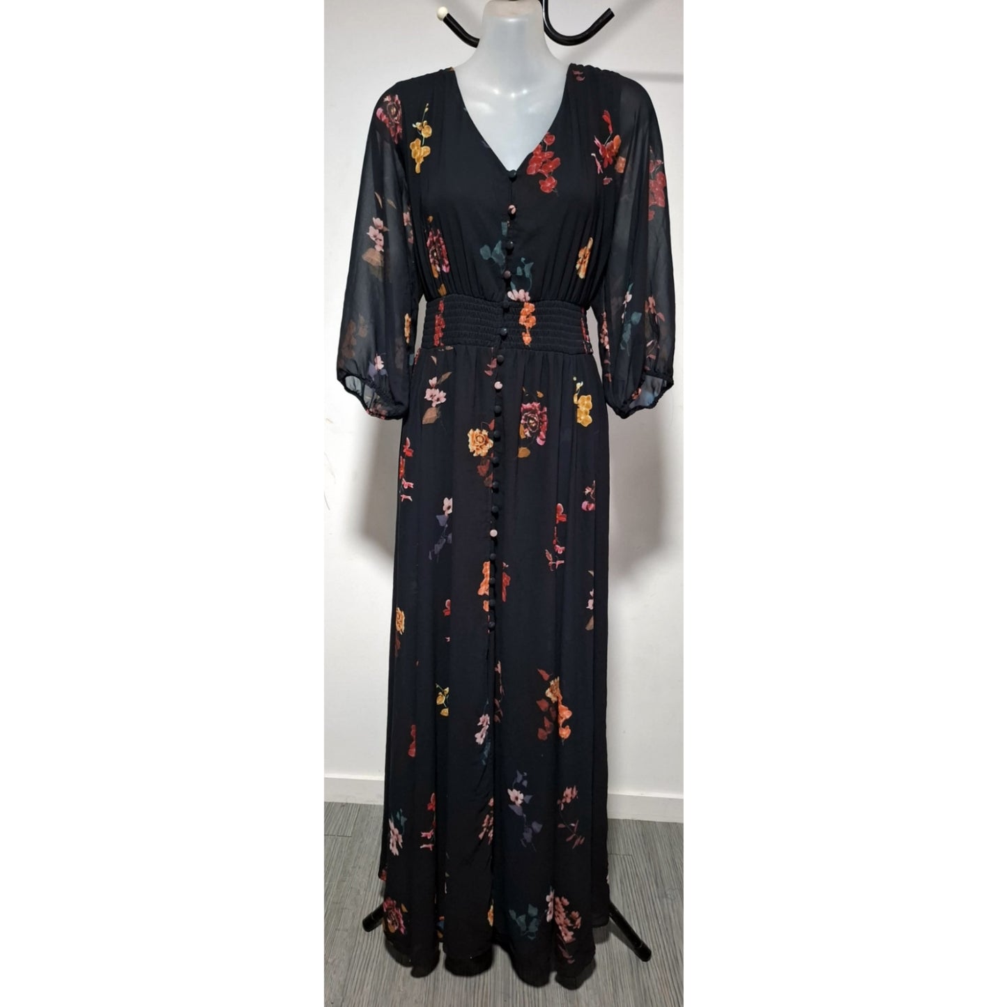 City Chic Medium - Black Floral Button Down Maxi Dress With Sleeves