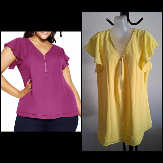 City Chic XS - YELLOW Frill Sleeve Zip Top