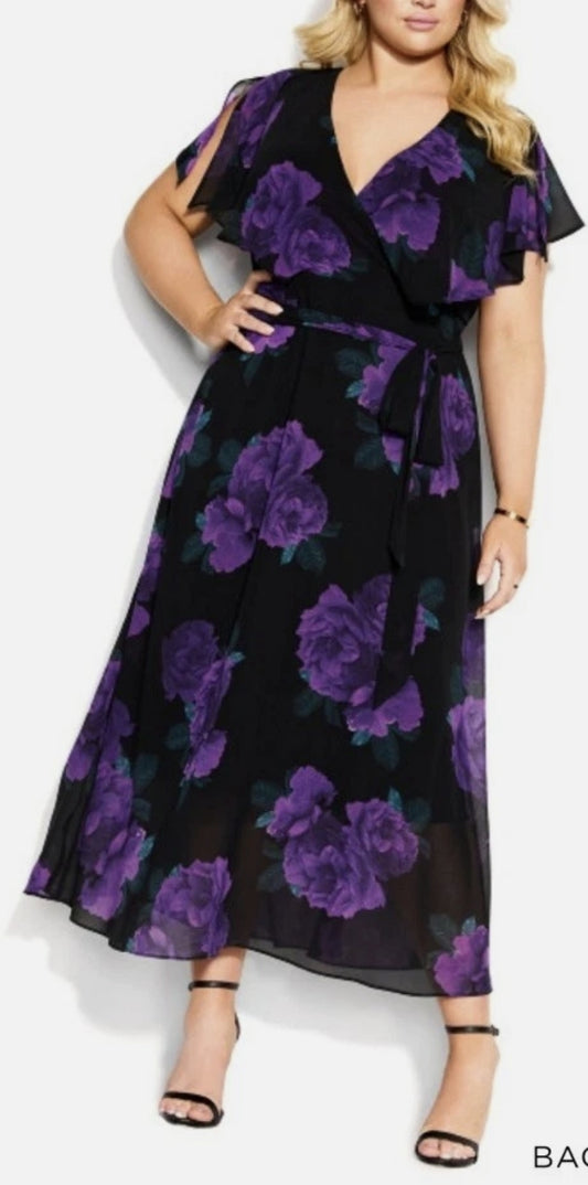 City Chic XS - Purple Rose Romantic Faux Wrap Dress With Tie - Brand New With Tags