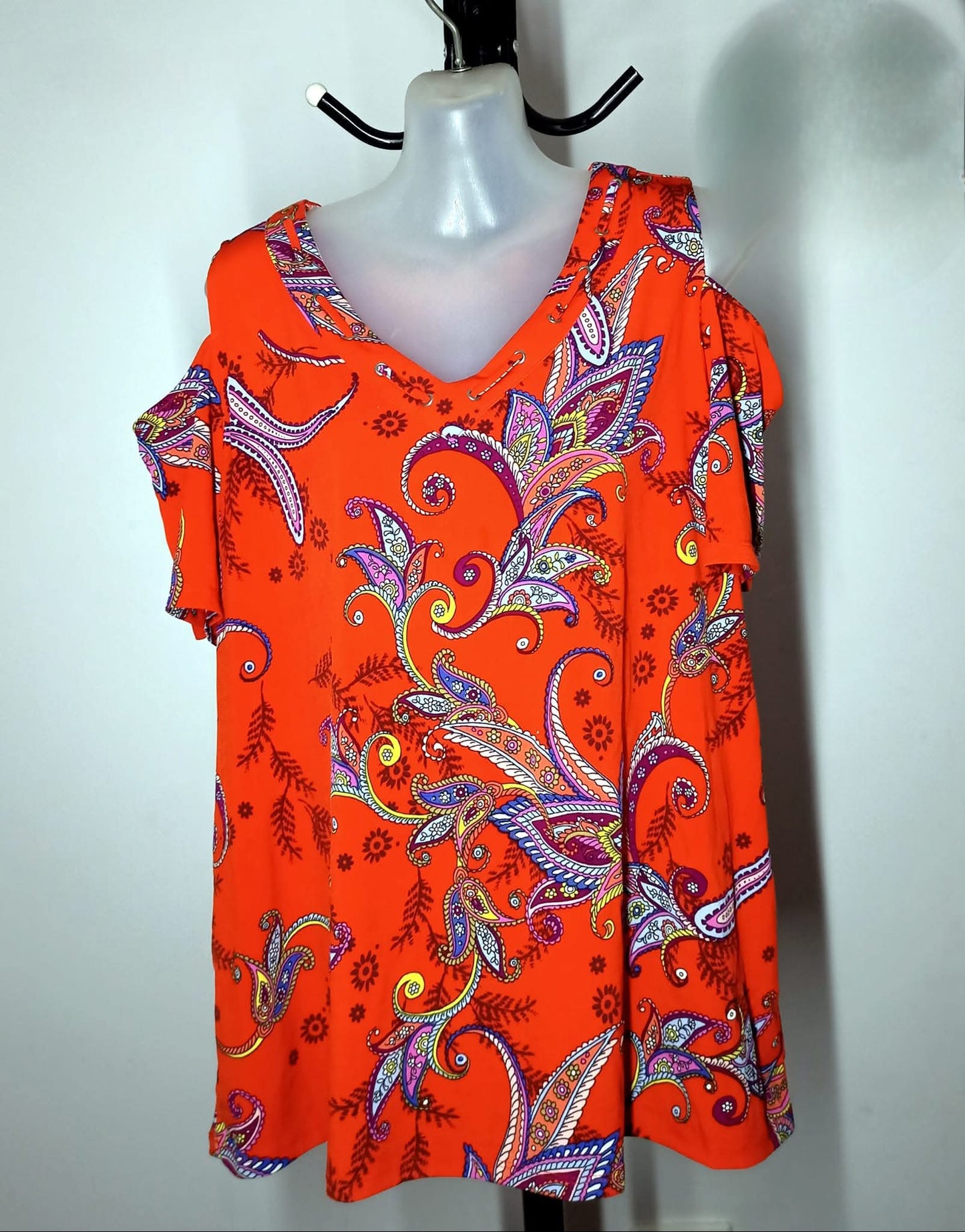 Size 16 - Orange Paisley Cold Shoulder Top