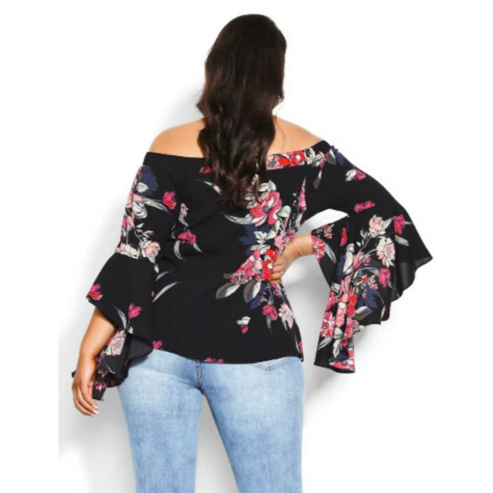 City Chic Medium - Misty Floral Romantic Exaggerated Sleeve Off Shoulder Top