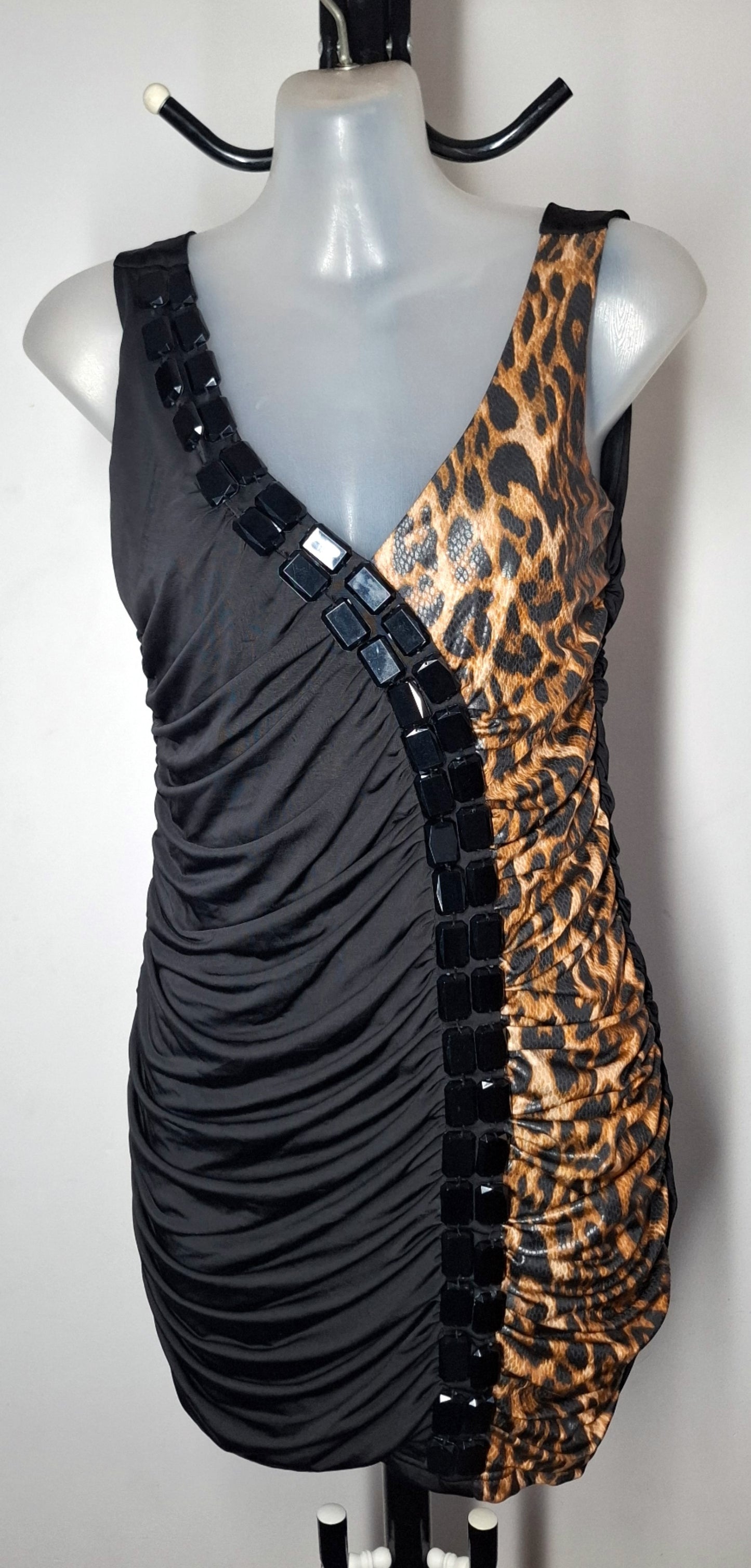 Size 10 - Embellished Slinky Ruched Leopard Print & Black Dress