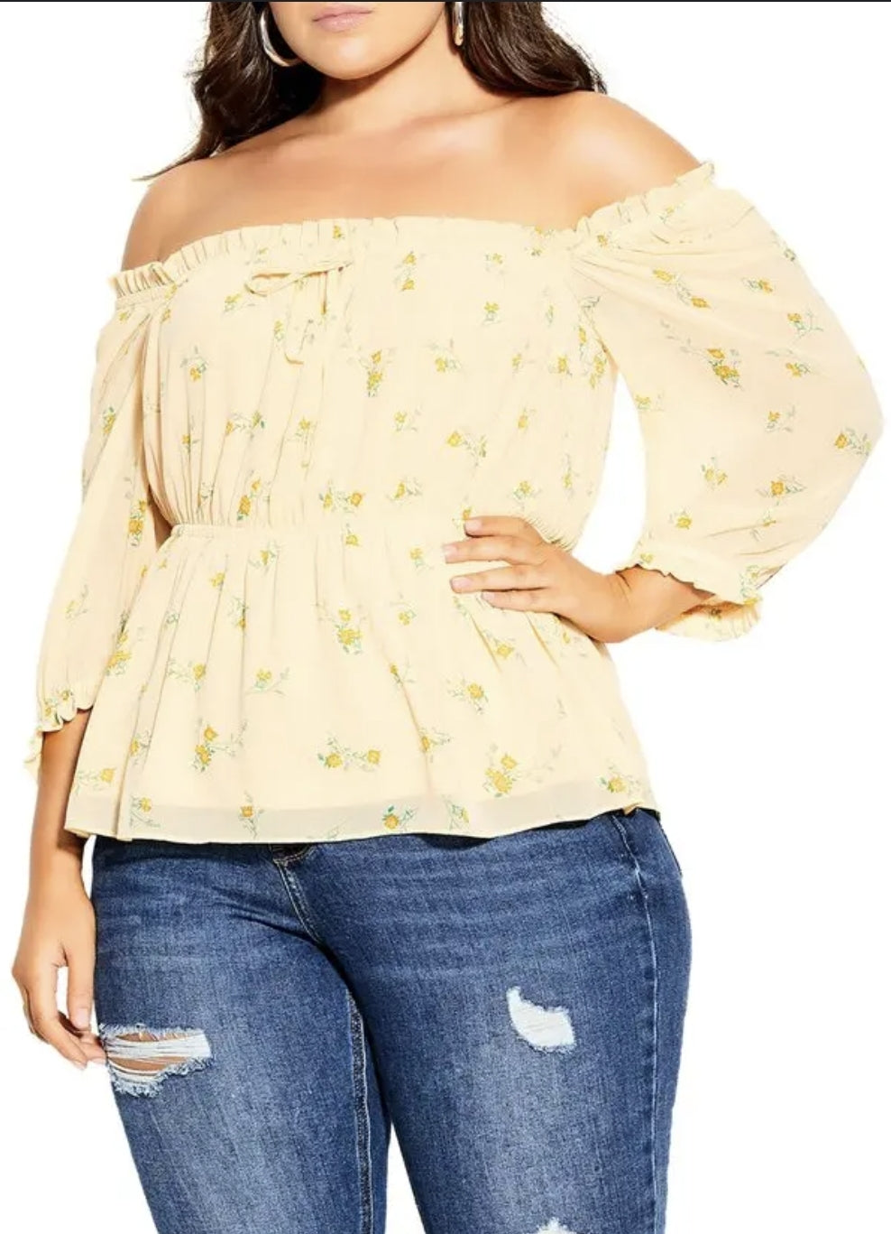 City Chic Medium - Yellow Floral Off Shoulder Peplum Top With Sleeves