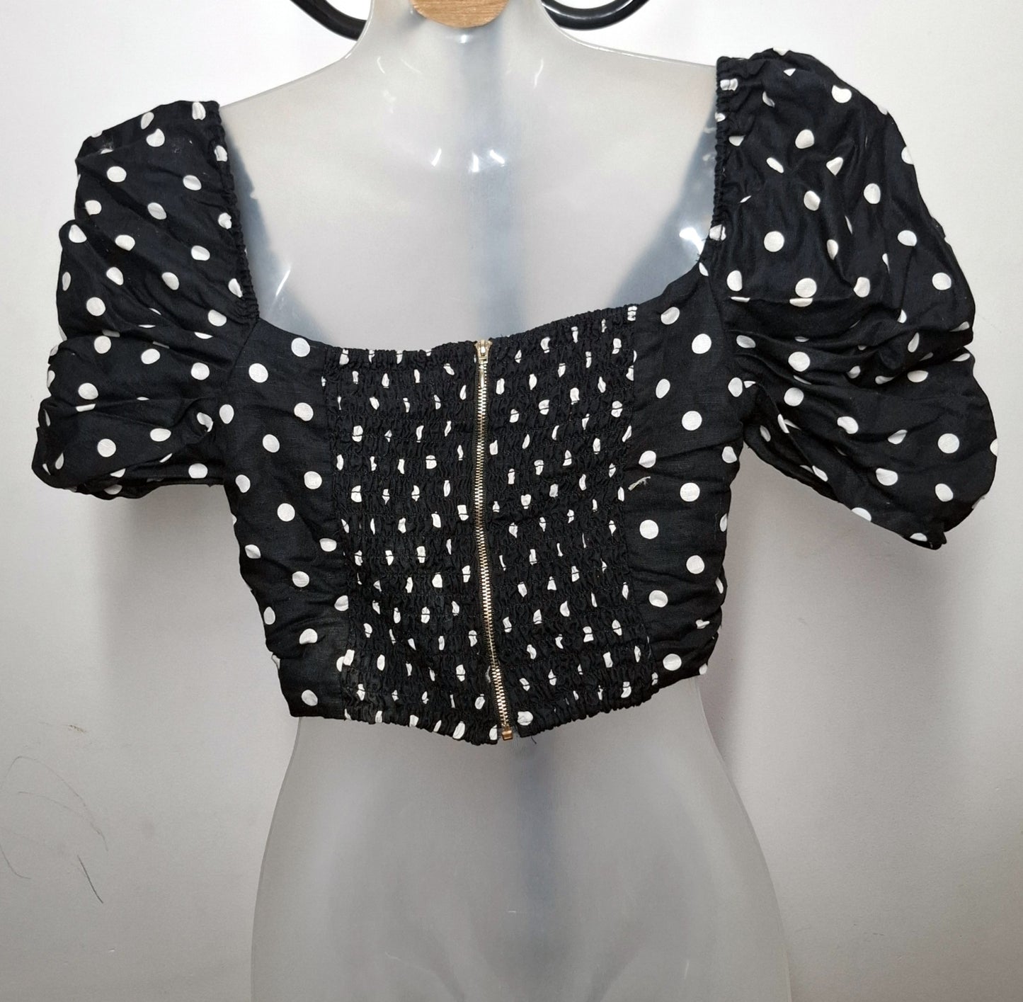 Size 10 - Black & White Polka Dot Faux Wrap Cropped Top