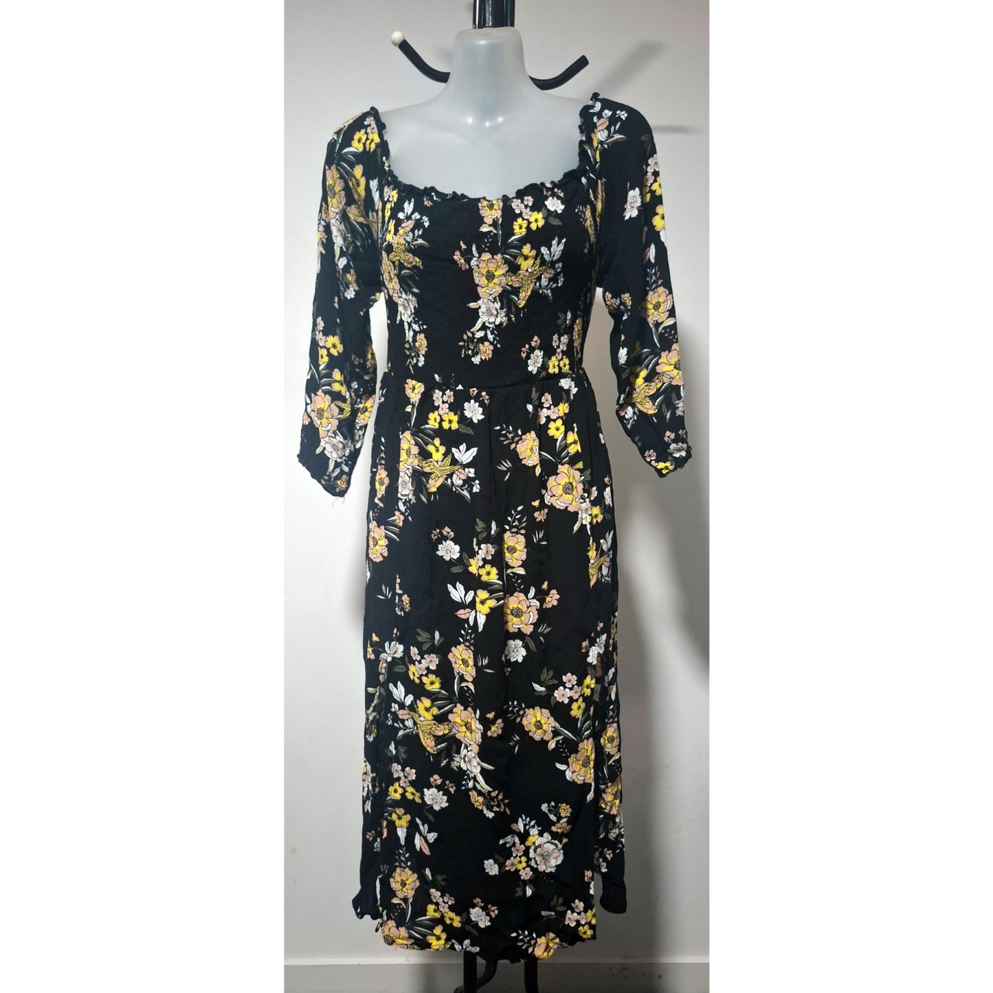 City Chic XS - Black Floral Shirred Elastic Off Shoulder Stretchy Dress With Sleeves And Front Splits