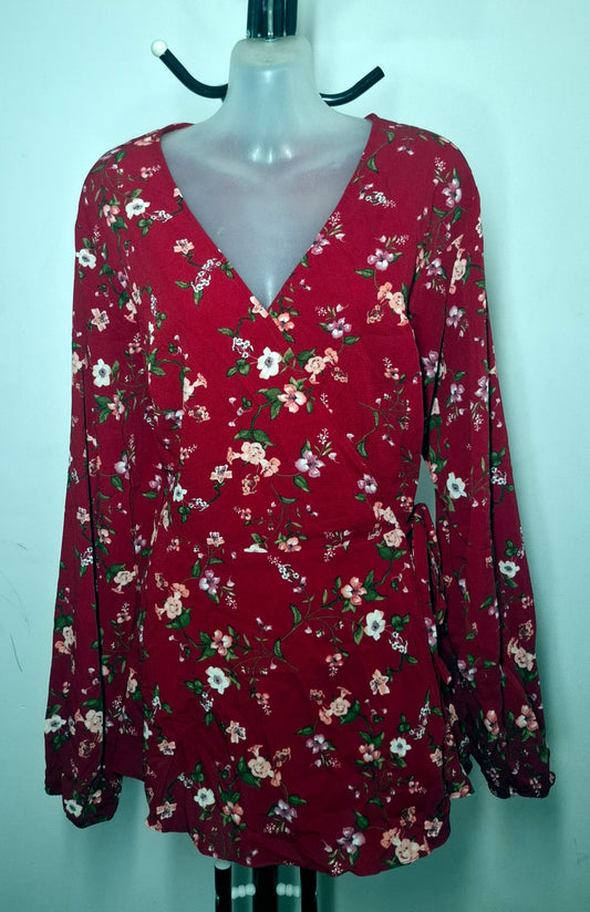 City Chic Medium - Red Floral Wrap Top With Sleeves