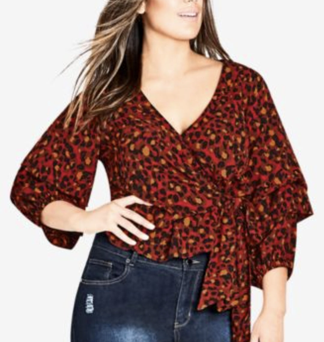 City Chic XS - Leopard Print Ruffle Sleeve Wrap Top