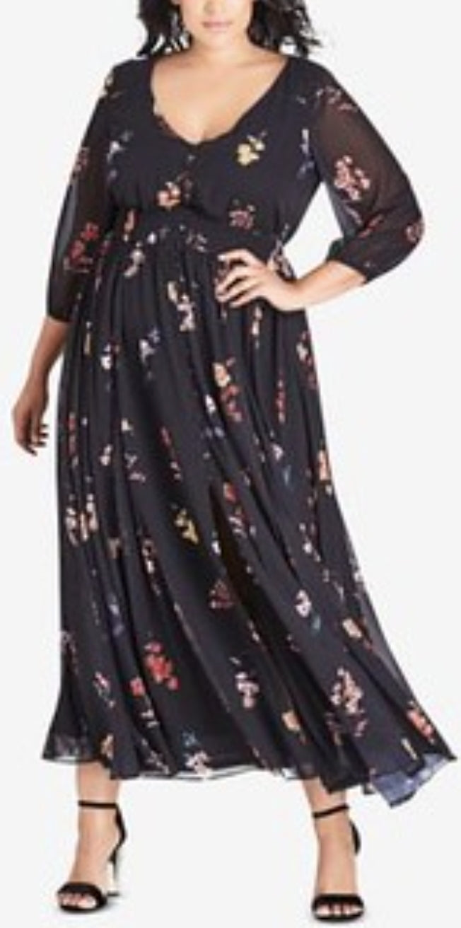 City Chic Medium - Black Floral Button Down Maxi Dress With Sleeves