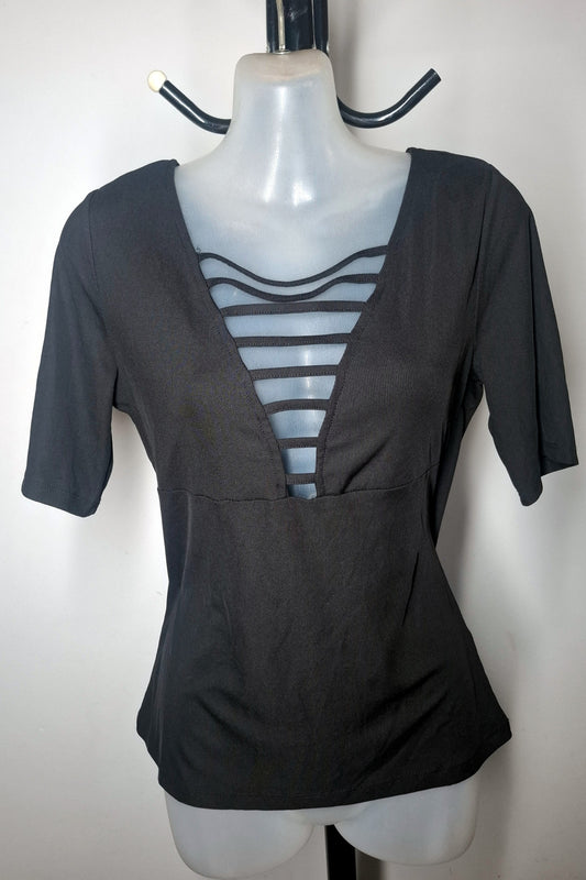 Size 12 - Black Strappy Cage Peekaboo Top With Sleeves