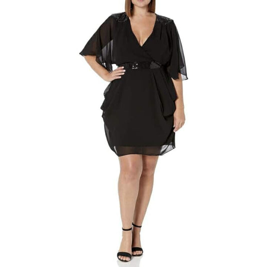 City Chic Small - Black Sequin Chiffon Faux Wrap Dress With Sleeves