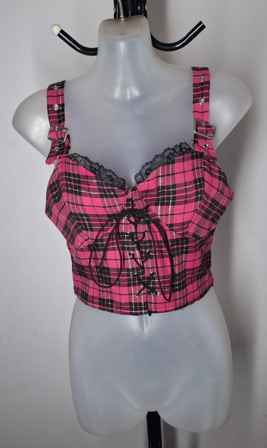 Size 10 - Pink & Black Plaid Lace Up Buckle Crop Top - Brand New With Tags