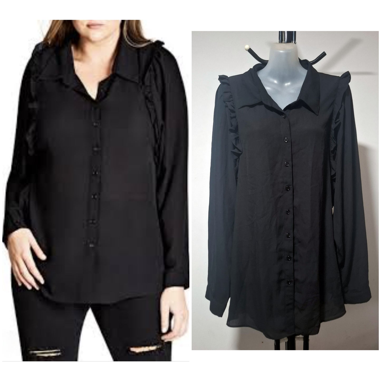 City Chic Medium - Black Button Up Top With Long Sleeves