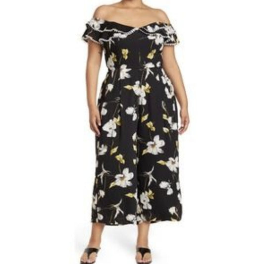 City Chic XS - Black Floral Off Shoulder Wide Leg Jumpsuit With Pockets